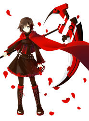 Rule 34 | 1girl, absurdres, boots, brown hair, cape, cross, cross-laced footwear, dress, frills, full body, highres, hood, hooded cape, lace-up boots, pantyhose, petals, red cape, rose petals, ruby rose, rwby, ryo neko, scythe, short hair, simple background, skirt, solo, thighhighs, weapon, white background, 凉猫&omega;