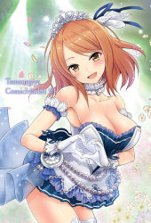 Rule 34 | 10s, 1girl, :d, bare shoulders, blush, breasts, brown eyes, brown hair, cleavage, dress, gloves, heart, heart hands, hojo karen, idolmaster, idolmaster cinderella girls, idolmaster cinderella girls starlight stage, large breasts, long hair, looking at viewer, miniskirt, mk (mod0), open mouth, pocket watch, skirt, smile, solo, starry sky bright, thighhighs, tiara, watch, white gloves