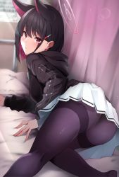 Rule 34 | 1girl, absurdres, animal ears, ass, bed sheet, black hair, black jacket, black pantyhose, blue archive, blush, closed mouth, colored inner hair, curtains, halo, highres, infirmary, jacket, kazusa (blue archive), kneeling, looking at viewer, md5 mismatch, multicolored hair, on bed, pantyhose, pink hair, pleated skirt, red eyes, resolution mismatch, sezok, sidelocks, skirt, solo, source smaller, sunlight, two-tone hair, white skirt, window