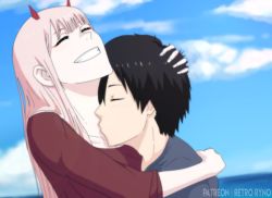 Rule 34 | 10s, 1boy, 1girl, black hair, closed eyes, commentary, couple, darling in the franxx, grey shirt, hand on another&#039;s back, hand on own head, height difference, hetero, hiro (darling in the franxx), horns, hug, kiss, kissing neck, long hair, oni horns, pink hair, red horns, red shirt, retroryno, shirt, short hair, zero two (darling in the franxx)