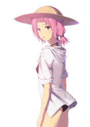 Rule 34 | 1girl, alternate hairstyle, bikini, breasts, covered erect nipples, artistic error, from behind, haruno sakura, hat, looking back, md5 mismatch, naruto, naruto (series), pink hair, purple eyes, s.rain, short hair, short twintails, small breasts, solo, straw hat, swimsuit, twintails