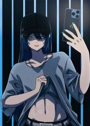 1girl ado_(utaite) baseball_cap belt black_hat blue_eyes blue_hair blue_nails cellphone chando_(ado) clothes_lift collarbone commentary_request egoist_tosummer grey_belt grey_shirt ha-chan_(ado) hair_between_eyes hat highres holding holding_phone jewelry lifting_own_clothes long_hair looking_at_viewer midriff mole mole_under_eye nail_polish navel necklace phone selfie shirt shirt_lift sidelocks smartphone solo tongue tongue_out utaite