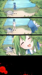Rule 34 | 2girls, 4koma, bent over, black footwear, blood, blood splatter, blue bow, blue dress, blue hair, blush, bow, breasts, bush, cirno, unworn clothes, collared dress, comic, convenient censoring, daiyousei, dress, eyelashes, fairy wings, false smile, from behind, green hair, hair bow, hands on own hips, highres, ice, ice wings, karasusou nano, lake, large breasts, leaf, looking at viewer, mary janes, multiple girls, nude, one side up, open mouth, pinafore dress, puffy short sleeves, puffy sleeves, rock, shoes, short hair, short sleeves, side ponytail, skirt, sleeveless dress, smile, socks, standing, streaking, tongue, touhou, undressing, upper body, white sleeves, wing collar, wings