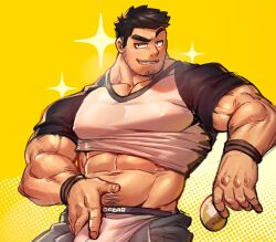 Rule 34 | 1boy, bara, beard stubble, black hair, clothes lift, clothes writing, come hither, covered erect nipples, cowboy shot, crotch grab, facial hair, highres, huge eyebrows, large hands, large pectorals, looking at viewer, lucas lee, male focus, male underwear, midriff peek, muscular, muscular male, navel, navel hair, open fly, paid reward available, pectorals, raised eyebrow, scott pilgrim (series), scott pilgrim takes off, seductive smile, shirt, shirt lift, short hair, smile, solo, sparkling aura, strongman waist, stubble, tight clothes, tight shirt, underwear, vorusu, white male underwear