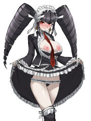 Rule 34 | 1girl, akisora, between breasts, black bra, black hair, black jacket, black nails, black panties, black skirt, black thighhighs, blunt bangs, blush, bra, bra pull, breasts, breasts out, celestia ludenberg, center frills, claw ring, closed mouth, clothes lift, clothes pull, danganronpa: trigger happy havoc, danganronpa (series), drill hair, earmuffs, frilled bra, frilled panties, frilled skirt, frilled sleeves, frills, full-face blush, gothic fashion, gothic lolita, groin, hairband, jacket, japanese clothes, kimono, large areolae, large breasts, lifting own clothes, lolita fashion, lolita hairband, long hair, long sleeves, looking at viewer, nail polish, necktie, necktie between breasts, nipples, open clothes, open jacket, open shirt, over-kneehighs, pale skin, panties, red eyes, red necktie, ribbon-trimmed legwear, ribbon trim, shirt, simple background, skirt, skirt lift, smile, solo, thighhighs, thighs, tsurime, twin drills, twintails, unbuttoned, unbuttoned shirt, underwear, very long hair, white background, white shirt