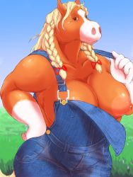 Rule 34 | 1girl, animal ears, artist request, black eyes, blonde hair, breasts, fat, furry, highres, horse, horse ears, horse girl, horse tail, kokkoman, large breasts, long hair, naked overalls, nipples, one breast out, overalls, tail