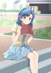 Rule 34 | 1girl, absurdres, asymmetrical bangs, blue hair, blue shirt, blue skirt, blurry, blurry background, blush, book, bow, braid, closed mouth, day, dress shirt, feet out of frame, green eyes, hair bow, highres, holding, holding book, idolmaster, idolmaster million live!, idolmaster million live! theater days, jacket, looking at viewer, miniskirt, nanao yuriko, open clothes, open jacket, outdoors, pleated skirt, shirt, short hair, short sleeves, single braid, sitting, skirt, smile, solo, yellow jacket, yukipo p