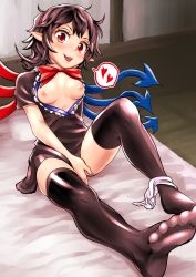 Rule 34 | 1girl, asymmetrical wings, black dress, black hair, black thighhighs, bow, bowtie, breasts, breasts out, covering privates, covering crotch, dress, feet, goroumaru, heart, highres, houjuu nue, leg lift, nipples, on bed, open clothes, open dress, open mouth, panties, panties around leg, pointy ears, red eyes, short dress, sitting, small breasts, solo, spoken heart, thighhighs, touhou, underwear, wings
