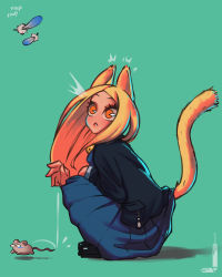 Rule 34 | 1girl, :&lt;, ^^^, animal ears, bell, black footwear, blonde hair, blue skirt, cat ears, cat tail, closed mouth, feathers, from side, highres, jingle bell, loen, long sleeves, mouse (animal), neck bell, orange eyes, original, parted bangs, pleated skirt, shoes, skirt, solo, sound effects, squatting, tail, tail raised, wide-eyed