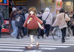 Rule 34 | 1girl, :d, animification, black skirt, blurry, blurry background, brown hair, buttons, commentary request, crosswalk, double-breasted, grey footwear, holding, jacket, kanduki kamibukuro, looking at viewer, nirei nozomi, open mouth, outline, pantyhose, people, photo background, real life, red jacket, shadow, shoes, skirt, smile, solo focus, walking, white outline, white pantyhose, yellow eyes