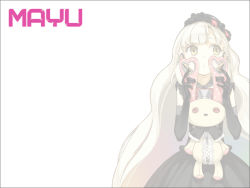 Rule 34 | 1girl, blonde hair, bow, rabbit, character name, dress, earrings, elbow gloves, gloves, goth fashion, gothic lolita, hair ornament, heart, hidari (left side), holding, jewelry, lolita fashion, long hair, mayu (vocaloid), official art, solo, stuffed animal, stuffed rabbit, stuffed toy, usano mimi, vocaloid, yellow eyes