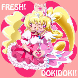 Rule 34 | 00s, 2girls, ;d, aida mana, arm warmers, asymmetrical docking, big hair, blonde hair, bow, breast press, brooch, choker, color connection, copyright name, corset, cure heart, cure peach, curly hair, dokidoki! precure, don (748826), earrings, eyelashes, fresh precure!, hair ornament, hairpin, half updo, heart, heart brooch, heart hair ornament, heart hands, heart hands duo, jewelry, long hair, look-alike, magical girl, momozono love, multiple girls, one eye closed, open mouth, pink background, pink bow, pink eyes, ponytail, precure, puffy sleeves, ribbon, smile, symmetry, twintails, wink, wrist cuffs