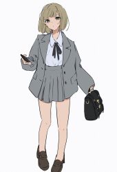Rule 34 | 1girl, atenaba, bag, bare legs, black ribbon, blue shirt, brown eyes, brown footwear, brown hair, cellphone, collared shirt, commentary request, full body, grey jacket, grey skirt, handbag, highres, holding, holding bag, holding phone, jacket, long sleeves, looking at viewer, mary janes, medium hair, neck ribbon, open clothes, open jacket, original, parted lips, phone, pleated skirt, ribbon, school uniform, shirt, shirt tucked in, shoes, simple background, skirt, smartphone, solo, white background