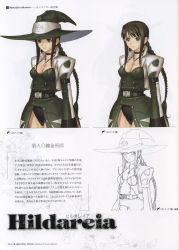 Rule 34 | 1girl, belt, black eyes, black hair, boots, braid, breasts, broom, character sheet, choker, female focus, glasses, hat, highres, hiruda reia, jewelry, lineart, long hair, necklace, partially colored, shining (series), shining wind, simple background, smile, solo, tony taka, twin braids, variations, very long hair, white background, witch, witch hat