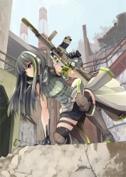 Rule 34 | 1girl, armband, artist request, girls&#039; frontline, green armband, gun, headphones, highres, m4a1 (girls&#039; frontline), mecha musume, multicolored hair, scenery, solo, tagme, thigh strap, weapon