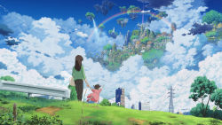 Rule 34 | 2girls, child, cityscape, cloud, day, floating castle, floating island, grass, isai shizuka, multiple girls, original, outdoors, power lines, rainbow, scenery, sky, tree, water, waterfall