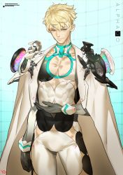 Rule 34 | 1boy, alpha go, alphago, black gloves, blonde hair, blue eyes, bodysuit, cape, character name, cowboy shot, gloves, google, hand on own chest, jacket, jacket on shoulders, looking at viewer, male focus, personification, revealing clothes, short hair, signature, smile, yd (orange maru)