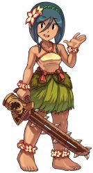 Rule 34 | 1girl, ankle flower, anklet, barefoot, black hair, flower, full body, hair flower, hair ornament, indivisible, jewelry, leilani, looking at viewer, official art, smile, solo, sword, tan, transparent background, tribal, waving, weapon