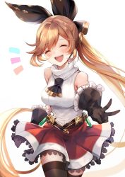 Rule 34 | 1girl, ^ ^, aoi (kirabosi105), bare shoulders, blush, breasts, brown hair, clarisse (granblue fantasy), closed eyes, commentary request, cowboy shot, closed eyes, gloves, granblue fantasy, highres, long hair, medium breasts, open mouth, ponytail, simple background, skirt, smile, solo, teeth, thighhighs, tongue, v, white background, zettai ryouiki