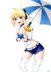 Rule 34 | 1girl, ahoge, artoria pendragon (all), artoria pendragon (fate), bandeau, belt, blazer, blonde hair, blue shorts, fate/stay night, fate (series), green eyes, highres, jacket, looking at viewer, midriff, official alternate costume, official alternate hairstyle, open mouth, ponytail, race queen, saber (fate), saber (type-moon racing) (fate), short hair, short shorts, shorts, solo, sword, thighhighs, tomoka notsu, umbrella, weapon, white belt, white thighhighs