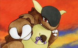 Rule 34 | black eyes, brown eyes, claws, creature, creatures (company), fangs, game freak, gen 1 pokemon, kangaskhan, kimura naoyo, nintendo, no humans, official art, outdoors, pokemon, pokemon (creature), pokemon tcg, size difference, sky, standing, third-party source