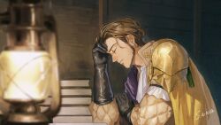 Rule 34 | 1boy, armor, artist name, black gloves, blurry, blurry foreground, book, book stack, brown hair, claude von riegan, closed eyes, desk, earrings, facial hair, fire emblem, fire emblem: three houses, gloves, jewelry, lamp, loose hair strand, male focus, nintendo, on desk, sawaponu3, short hair, shoulder armor, solo