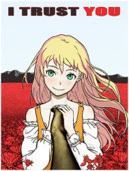 Rule 34 | 1girl, bad id, bad pixiv id, bare shoulders, blonde hair, detached sleeves, english text, field, flower, green eyes, head tilt, holding hands, interlocked fingers, long hair, mountain, nababa, original, own hands together, pov, smile, wind
