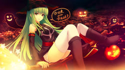 Rule 34 | 00s, 1girl, belt, boots, broom, c.c., code geass, coffee-kizoku, detached sleeves, ghost, green hair, halloween, hat, knee boots, long hair, pantyhose, pumpkin, solo, star (symbol), thighhighs, witch, witch hat, yellow eyes