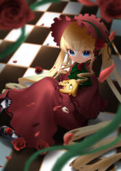 Rule 34 | 1girl, black footwear, blonde hair, blue eyes, blunt bangs, bonnet, bow, bowtie, capelet, checkered floor, closed mouth, commentary request, dress, drill hair, drill sidelocks, expressionless, flower, footwear flower, frilled dress, frilled sleeves, frills, full body, green bow, green bowtie, highres, kunkun, lolita fashion, long hair, long sleeves, looking at viewer, mary janes, namahamudaaa, red capelet, red dress, red flower, red headwear, red rose, rose, rozen maiden, shinku, shoes, sidelocks, signature, sitting, solo, stuffed animal, stuffed dog, stuffed toy, twintails, very long hair