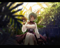 Rule 34 | 1girl, ahoge, animal ear fluff, animal ears, backlighting, blouse, blurry, blush, bob cut, book, breasts, cat ears, center frills, corset, crossed legs, depth of field, fence, frills, grey hair, head tilt, highres, letterboxed, original, outdoors, p99 (1shtar), pantyhose, plant, shirt, sitting, skirt, solo, striped clothes, striped skirt, white pantyhose, white shirt, yellow eyes