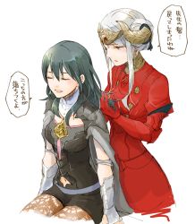 Rule 34 | 2girls, aged up, armor, blue eyes, blue hair, byleth (female) (fire emblem), byleth (fire emblem), cape, edelgard von hresvelg, fire emblem, fire emblem: three houses, gloves, hair ornament, long hair, multiple girls, nintendo, pantyhose, red cape, robaco, short hair, shorts, simple background, smile, translation request, upper body, yuri