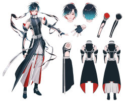 Rule 34 | 1boy, absurdres, ankle boots, aqua hair, arm at side, bare shoulders, belt, black footwear, black gloves, black hair, black robe, body markings, boots, character sheet, closed mouth, clothing cutout, colored inner hair, detached sleeves, facing away, fingerless gloves, forever 7th capital, gloves, gradient hair, highres, looking at viewer, male focus, multicolored hair, multiple views, outstretched arm, pants, pleated pants, portrait, red eyes, red hair, robe, shigurefusawa, short hair, side cutout, simple background, smile, smoke, standing, suspenders, turnaround, turtleneck, two-sided fabric, white background, white pants, zhong yao