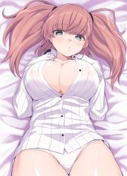 Rule 34 | 1girl, atlanta (kancolle), blush, breasts, brown hair, cleavage, covered erect nipples, cowboy shot, dress shirt, gloves, grey eyes, hands on own chest, highres, kantai collection, kumadano, large breasts, long hair, long sleeves, looking at viewer, lying, no bra, no pants, on back, open clothes, open shirt, panties, partially fingerless gloves, shirt, solo, twintails, two side up, unbuttoned, unbuttoned shirt, underwear, white gloves, white panties, white shirt