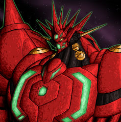 Rule 34 | armor, character request, crovirus, getter emperor, getter robo, getter robo g, getter robo go, highres, horns, mecha, new getter robo, no humans, retro artstyle, robot, science fiction, shin getter robo, shoulder armor, single horn, solo, space, super robot, tagme, yellow eyes