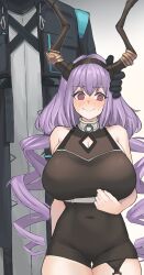 Rule 34 | 1girl, 1other, @ @, absurdres, ambiguous gender, arknights, black bodysuit, black coat, bodysuit, buttons, coat, commentary, covered navel, diamond button, doctor (arknights), embarrassed, english commentary, fake horns, garter straps, hand on another&#039;s head, height difference, highres, hood, hood up, hooded coat, horn hairband, horns, looking to the side, low twintails, purple hair, radioneet, single garter strap, sleeveless, sleeveless bodysuit, sweat, twintails, typhon (arknights), wavy mouth