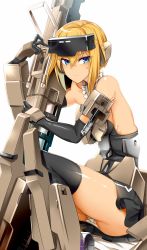 Rule 34 | 1girl, armor, bare shoulders, black gloves, black skirt, black thighhighs, blonde hair, blue eyes, cannon, closed mouth, doko tetora, elbow gloves, frame arms girl, gloves, goggles, goggles on head, gourai, highres, holding, holding weapon, looking at viewer, miniskirt, panties, pantyshot, sidelocks, simple background, sitting, skirt, solo, striped clothes, striped panties, thighhighs, underwear, weapon, white background, white panties
