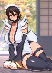 Rule 34 | 1girl, akisu k, apron, black hair, black leotard, blush, breasts, flipped hair, frilled leotard, frills, highleg, highleg leotard, huge breasts, iroha (samurai spirits), lace-trimmed apron, lace trim, leotard, leotard under clothes, looking at viewer, maid, maid apron, maid headdress, maid leotard, samurai spirits, shiny skin, sideboob, snk, solo, thighhighs, toeless legwear, unconventional maid, wide hips