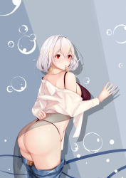 Rule 34 | 1girl, absurdres, ass, azur lane, bare shoulders, blush, bra, breasts, brown bra, bubble, clothes pull, denim, from behind, highres, jeans, large breasts, looking back, off-shoulder shirt, off shoulder, panties, pants, pants pull, red eyes, see-through, shirt, short hair, sideboob, sirius (azur lane), solo, string panties, underwear, whatwine, white hair, white shirt