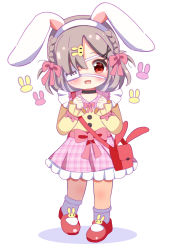 Rule 34 | 1girl, :d, absurdres, animal ears, arknights, bag, black choker, blush, bow, braid, brown hair, chibi, choker, collared shirt, commentary request, eyepatch, fake animal ears, full body, hair bow, hair ornament, hairband, hands up, head tilt, highres, long sleeves, looking at viewer, open mouth, pink bow, pink skirt, plaid, plaid skirt, popukar (arknights), puffy long sleeves, puffy sleeves, rabbit ears, rabbit hair ornament, rebaa, red bow, red eyes, red footwear, shadow, shirt, shoes, shoulder bag, skirt, sleeves past wrists, smile, socks, solo, standing, white background, white hairband, white socks, x hair ornament, yellow shirt
