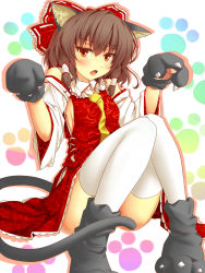 Rule 34 | 1girl, animal ears, animal hands, annoyed, ascot, bare shoulders, blush, bow, brown hair, cat ears, cat girl, cat paws, cat tail, detached sleeves, female focus, fukunaga kazuhiro, gloves, hair bow, hakurei reimu, highres, japanese clothes, kemonomimi mode, looking at viewer, miko, no panties, orange eyes, partially visible vulva, paw gloves, paw print, red eyes, short hair, sitting, solo, tail, thighhighs, touhou, white thighhighs
