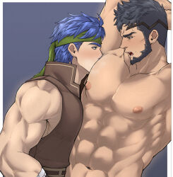 Rule 34 | 2boys, arms up, bara, beard, black hair, blue hair, blush, eye contact, face in armpit, fire emblem, fire emblem: path of radiance, fire emblem: radiant dawn, from side, full beard, highres, ike (fire emblem), implied handjob, large pectorals, looking at another, male focus, mature male, mauvier (fire emblem), multiple boys, muscular, muscular male, nintendo, nipples, out-of-frame censoring, paid reward available, pectorals, profile, short hair, sidepec, smelling armpit, sparse chest hair, thick beard, thick eyebrows, wyatt wu1020, yaoi