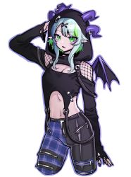Rule 34 | 1girl, alternate costume, black pants, blue hair, blue hoodie, blue pants, breasts, bsapricot, apricot the lich, cleavage, cleavage cutout, clothing cutout, commentary, english commentary, fang, green hair, hair behind ear, hood, hoodie, multicolored hair, navel, open mouth, pants, plaid, plaid pants, pointy ears, short hair with long locks, shoulder cutout, skin fang, solo, streaked hair, two-tone pants, virtual youtuber, vshojo, white background