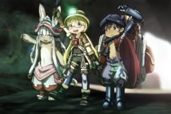 Rule 34 | 1boy, 1girl, 1other, :d, androgynous, backpack, bag, black footwear, blonde hair, blurry, blurry background, brown gloves, brown hair, brown headwear, brown jacket, child, dark skin, fake horns, furry, genya (genya67), glasses, gloves, green eyes, headlamp, helmet, highres, holding own arm, horizontal pupils, horned helmet, horns, jacket, made in abyss, mechanical arms, missing limb, nanachi (made in abyss), open clothes, open jacket, open mouth, pointy ears, regu (made in abyss), riko (made in abyss), short sleeves, smile, standing, tail, twintails, whiskers, whistle, whistle around neck, white hair, yellow eyes