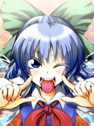 Rule 34 | circled 9, 1girl, ;p, bad id, bad pixiv id, blue eyes, blue hair, bow, cirno, cockadooodledoo, female focus, hair bow, matching hair/eyes, one eye closed, short hair, solo, tongue, tongue out, touhou, wings, wink
