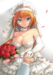 Rule 34 | 1girl, bare shoulders, blue eyes, blurry, bouquet, breasts, bridal veil, bride, choker, cleavage, depth of field, dress, elbow gloves, flower, gloves, holding hands, large breasts, orange hair, out of frame, petals, pov, pov hands, rose, rose petals, sakura ayane, shironeko project, shitou (1992116210), smile, soft focus, solo focus, strapless, strapless dress, veil, wedding dress, white dress, white gloves