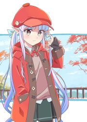 Rule 34 | 1girl, autumn leaves, badge, blush, button badge, coat, collared shirt, day, duffel coat, expressionless, fingerless gloves, gloves, hair ribbon, twirling hair, hand in pocket, hat, hat pin, highres, hood, hood down, hooded coat, kyouka (princess connect!), long hair, long sleeves, looking at viewer, neck ribbon, outdoors, pantyhose, pleated skirt, pointy ears, princess connect!, purple hair, railing, ribbon, shirt, skirt, sky, solo, sweater, takkun (takkun20), tree, twintails, very long hair, yellow eyes