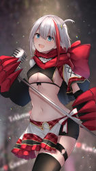 Rule 34 | 1girl, :d, admiral graf spee (azur lane), admiral graf spee (world&#039;s cutest) (azur lane), admiral graf spee (world&#039;s cutest) (azur lane), apron, azur lane, black shorts, black thighhighs, blue eyes, blurry, breasts, capelet, claws, cleavage, commentary request, cowboy shot, crop top, depth of field, hair ornament, highres, holding, idol, lightning bolt, lightning bolt hair ornament, lightning bolt symbol, looking at viewer, microphone, midriff, multicolored hair, navel, no bra, one side up, open mouth, osisio, revealing clothes, scarf, short hair, short shorts, shorts, silver hair, small breasts, smile, solo, stomach, streaked hair, thighhighs, waist apron