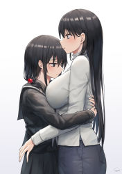 Rule 34 | 2girls, black eyes, black hair, black sailor collar, black serafuku, black shirt, black skirt, blue eyes, blue pants, blush, breasts, closed mouth, commentary request, from side, grey background, hair between eyes, highres, hug, incest, large breasts, long hair, long sleeves, multiple girls, original, pants, parted lips, piripun, pleated skirt, profile, sailor collar, school uniform, serafuku, shirt, siblings, signature, simple background, sisters, skirt, sleeves past wrists, very long hair, white shirt, yuri