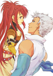 Rule 34 | 1boy, 1girl, bare shoulders, belt, blue eyes, breasts, cleavage, elbow gloves, gloves, grey hair, long hair, loni dunamis, midriff, nanaly fletch, red eyes, red hair, short hair, short shorts, shorts, tales of (series), tales of destiny 2, twintails