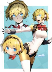 Rule 34 | 1girl, absurdres, aegis (persona), android, blonde hair, blue background, blue eyes, blush, border, bow, bowtie, breasts, chibi, closed mouth, commentary, detached collar, hair between eyes, hairband, headphones, highres, joints, lips, looking at viewer, looking away, medium breasts, nakano maru, open mouth, outside border, persona, persona 3, pink lips, red bow, red bowtie, robot ears, robot joints, shaded face, short hair, simple background, smile, teeth, white border